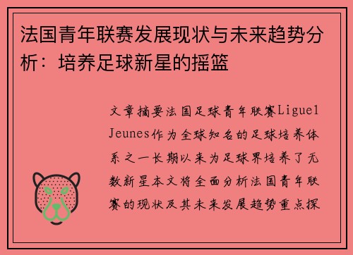 法国青年联赛发展现状与未来趋势分析:培养足球新星的摇篮 法国青年联赛发展现状与未来趋势分析:培养足球新星的摇篮